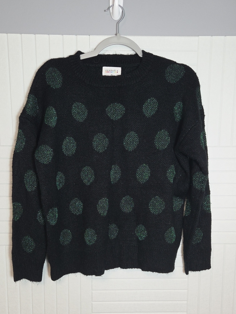 Compañia Fantastica Metallic Green Polka Dot Black Sweater Size S